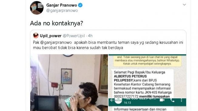 Tangkapan layar respin Ganjar terhadap warganya yang kesusahan. (Twitter/@ganjarpranowo)