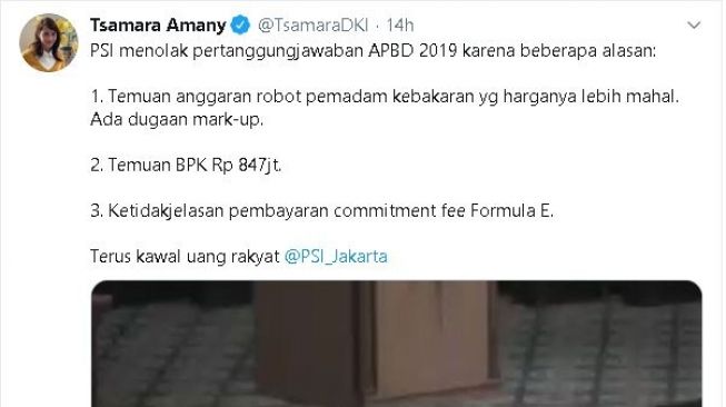 Tangkapan layar alasan PSI tolak Pertanggung jawaban APBD 2019. (Twitter/@TsamaraDKI)