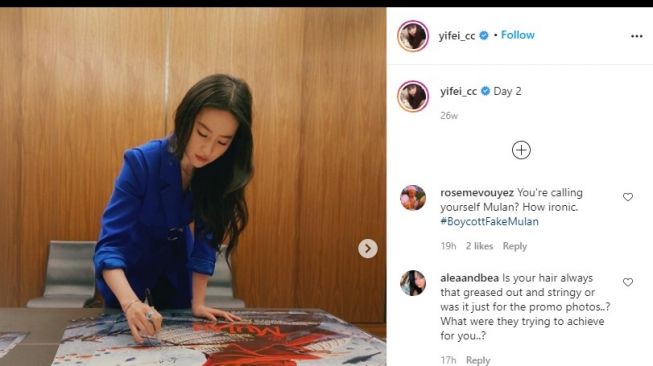 Pemeran Mulan Liu Yifei. (Dok: Instagram/yifei_cc)