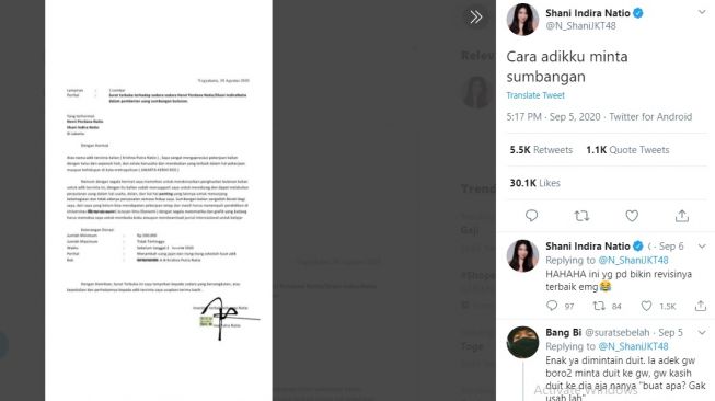 Postingan Shani Indira Natio, cara unik adiknya minta uang jajan. [Twitter]