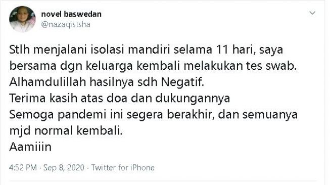 Tangkapan layar cuitan Novel Baswedan. (Twitter/@nazaqistsha)