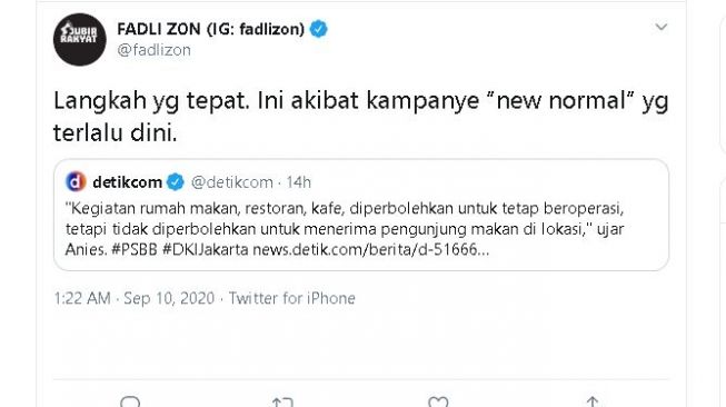 Tangkapan layar cuitan Fadli Zon yang menanggapi Jakarta PSBB lagi. (Twitter/@fadlizon)