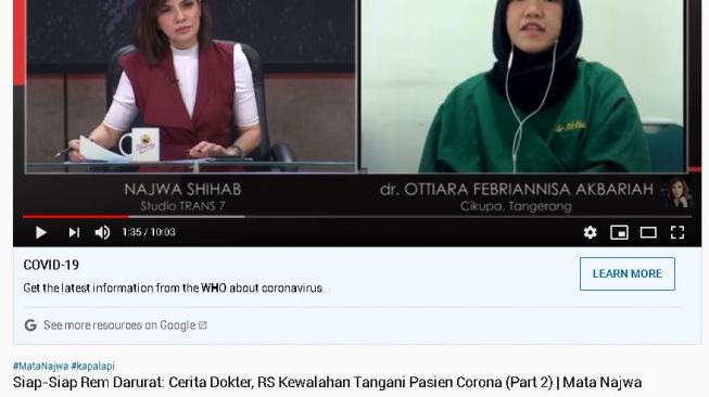 Cerita tenaga kesehatan tentang keadaan rumah sakitnya yang kewalahan menangani pasien Covid-19. (YouTube/Najwa Shihab)