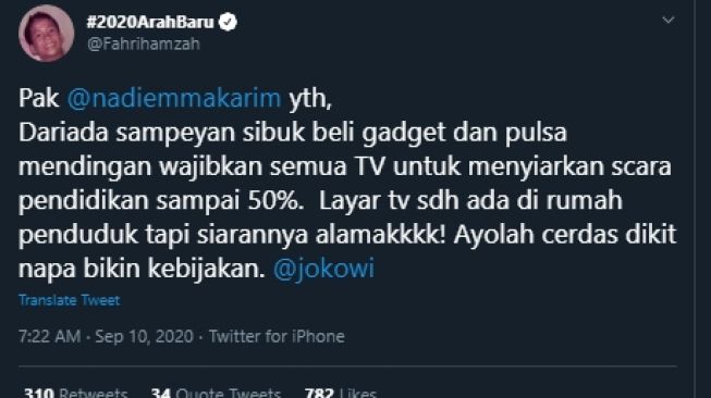 Cuitan Fahri Hamzah mengkritik kebijakan kuota gratis Mendikbud. (Twitter/@Fahrihamzah)