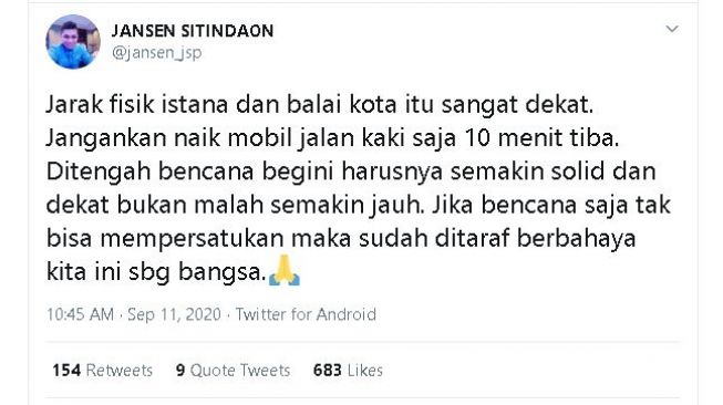 Tangkapan layar kicauan Jansen Sitindaon. (Twitter/@jansen_jsp)