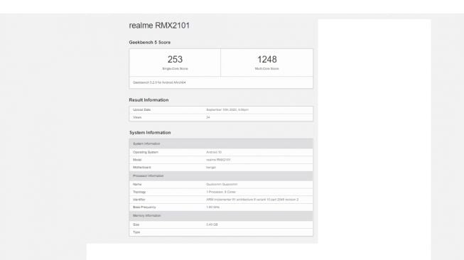 Bocoran Realme C17. [Geekbench 5]