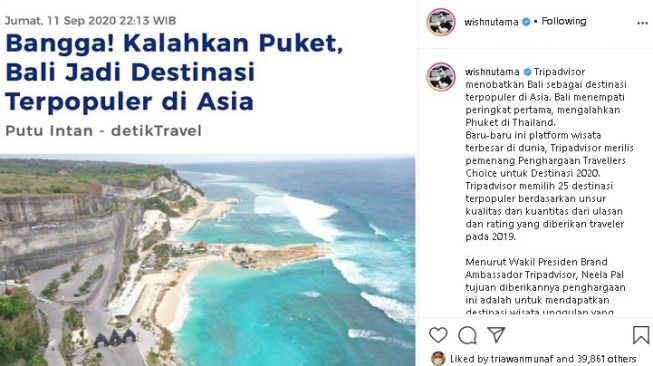 Unggahan Wishnutama soal Bali jadi wisata terpopuler Asia 2020. (Instagram/@wishnutama)