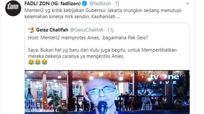 Fadli Zon balik mengkritik menteri-menteri yang kritik kebijakan Anies Baswedan. (Twitter/@fadlizon)