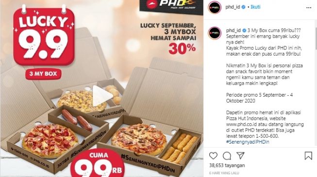 Promo berlaku mulai 5 September - 4 Oktober 2020 yang bisa kamu pesan lewat aplikasi Pizza Hut Indonesia, website www.phd.co.id atau datang langsung di outlet PHD terdekat! (Instagram/@phd_id)