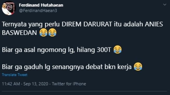 Cuitan Ferdinand Hutahaean soal rem darurat Anies Baswedan. (Twitter/@FerdinandHaean3)