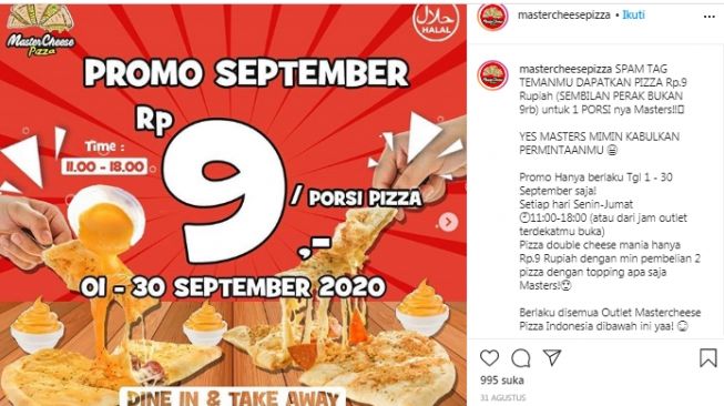 Kamu bisa mendapatkan pizza double cheese mania hanya Rp 9 dengan minimal pembelian 2 pizza dengan topping apa saja. Promo ini berlaku sampai 30 September 2020. (Instagram/@mastercheesepizza)