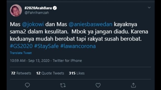 Cuitan Fahri Hamzah menyebut Jokowi dan Anies jangan diadu. (Twitter/@Fahrihamzah)