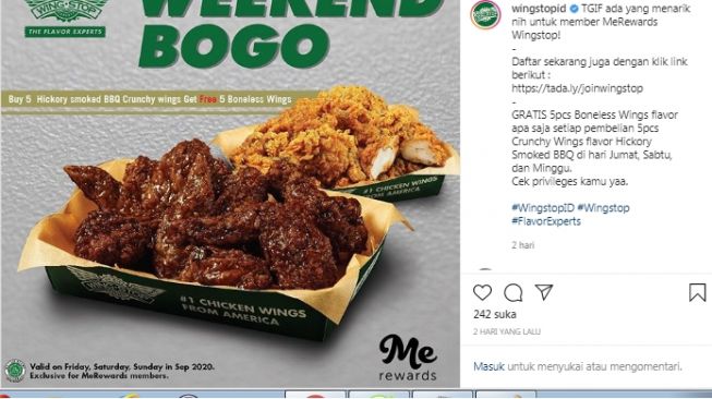 Selama akhir pekan (Jumat, Sabtu dan Minggu) selama September 2020, kamu bisa mendapatkan gratis 5 pieces Boneless Wings flavor apa saja setiap pembelian 5 pieces Crunchy Wings flavor Hickory Smoked BBQ.  (Instagram/@wingstopid)