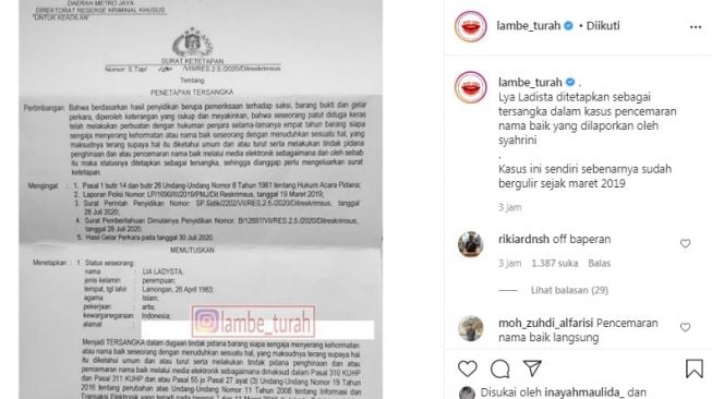 Lia Ladysta jadi tersangka kasus pencemaran nama baik Syahrini [Instagram/@lambe_turah]