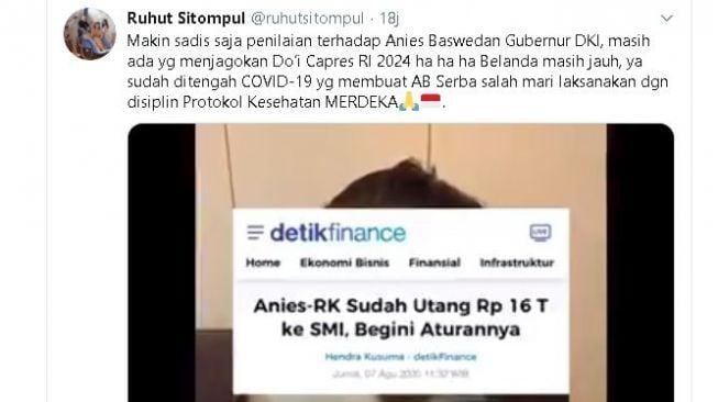 Ruhut Sitompul mengkritik Anies Baswedan lewat akun Twitternya. (Twitter/@ruhutsitompul)