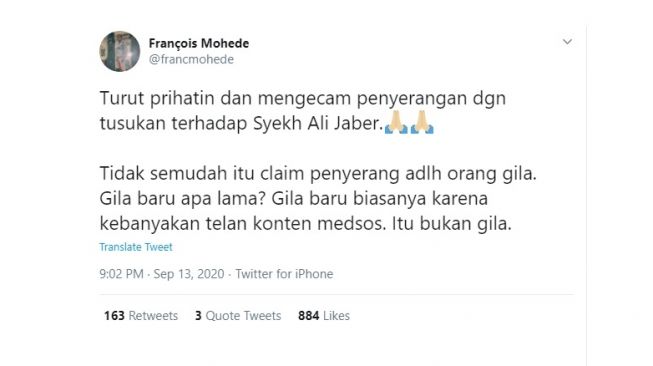 Cuitan warganet bahas penusukan penusukan Syekh Ali Jaber. [Twitter]