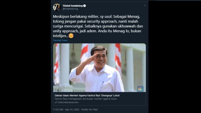 Cuitan Tifatul Sembiring kepada Menteri Agama Fachrul Razi. (Twitter/@tifsembiring)