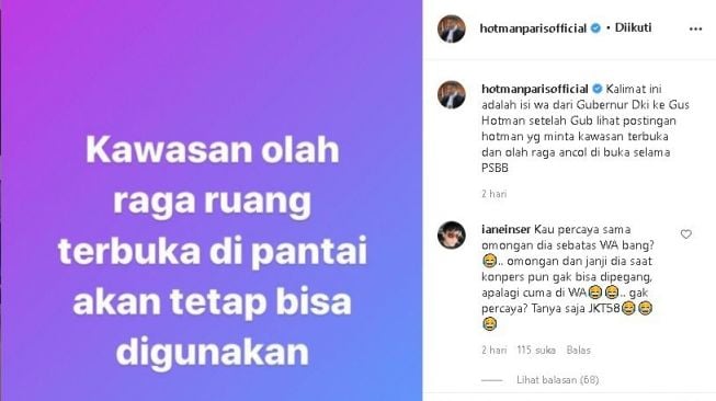 Isi pesan WhatsApp Anies Baswedan kepada Hotman Paris. (Instagram/@hotmanparisofficial)