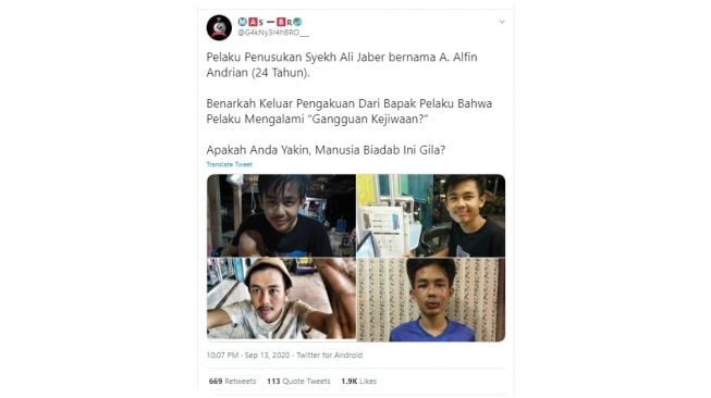 Cuitan warganet mengomentari pelaku penusukan Syekh Ali Jaber. [Twitter]