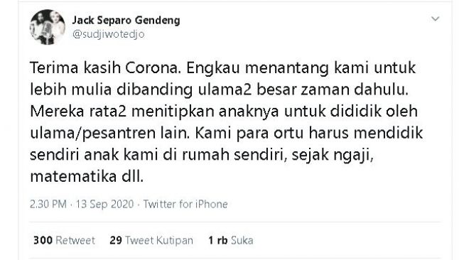 Sudjiwo Tejo mengucapkan terima kasih kepada corona. (Twitter/@sudjiwotedjo)