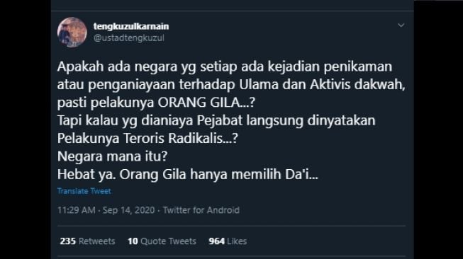 Sindiran Tengku Zulkarnain soal pelaku penyerangan terhadap ulama. (Twitter/@ustadtengkuzul)