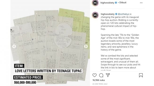 Surat cinta Tupac Shakur akan dilelang.[Instagram/@highsnobiety]