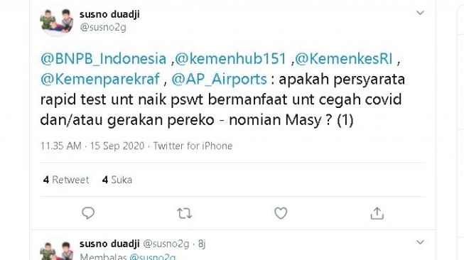 Tangkapan layar cuitan Susno Duadji protes penerapan rapid test. (Twitter/@susno2g)