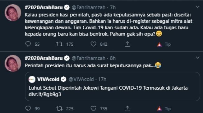 Cuitan Fahri Hamzah mempertanyakan surat keputusan Presiden menunjuk Luhut menangani Covid-19. (Twitter/@Fahrihamzah)