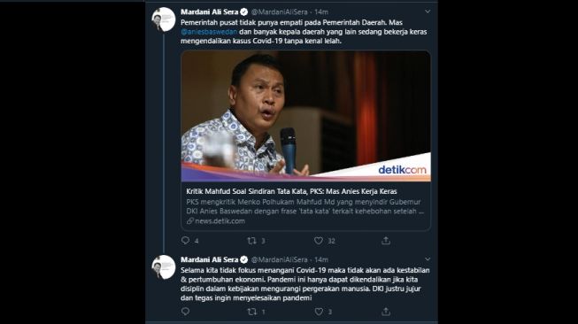 Cuitan Mardani Ali Sera menyebut pemerintah pusat tidak punya empati pada Pemerintah Daerah. (Twitter/@MardaniAliSera)