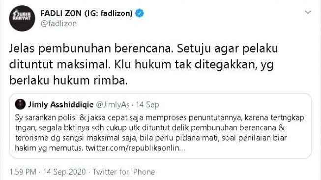 Fadli Zon setuju pelaku penusukan Syekh Ali Jaber dihukum mati. (Twitter/@fadlizon)