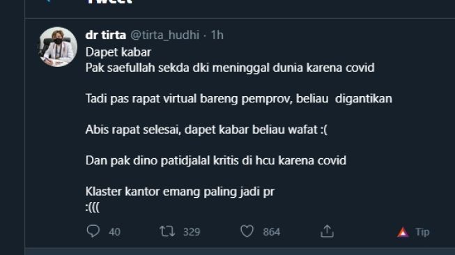 Cuitan dokter Tirta tentang Sekda DKI Saefullah dan Dino Patti Djalal. (Twitter/@tirta_hudhi)