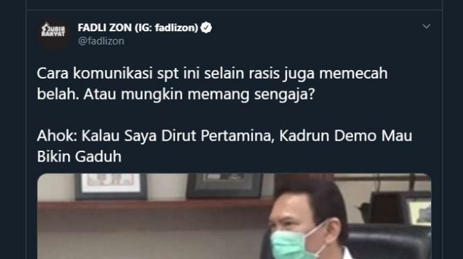 Tangkapan layar kicauan Fadli Zon. (Twitter/@fadlizon)