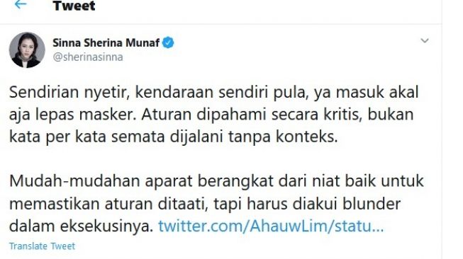 Twit Sherina tentang dokter yang dihukum menyapu karena tak pakai masker di mobilnya sendiir. 