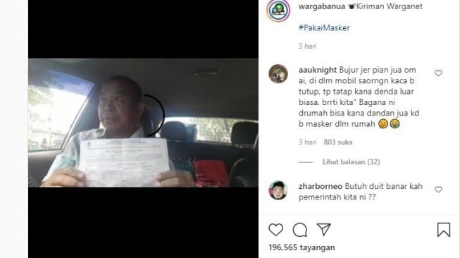 Tangkapan layar curhatan pria yang didenda Rp100 ribu karena tak pakai masker. (Instagram/@wargabuana)