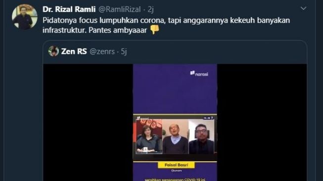 Tangkapan layar cuitan Rizal Ramli. (Twitter/@RamliRizal)