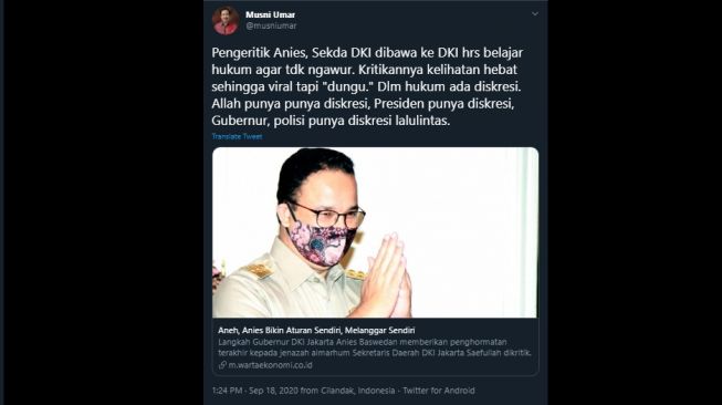 Cuitan Musni Umar menyebut kritikan terhadap Anies kelihatan hebat tapi dungu. (Twitter/@musniumar)