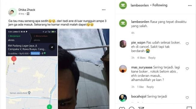 Curhat ojol saat dapat orderan bikin tepok jidat (Instagram)