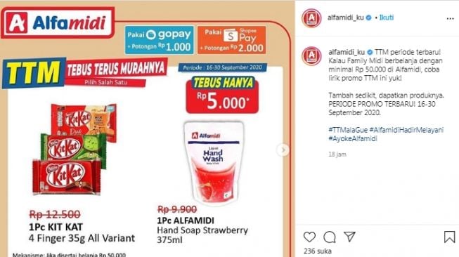 Sudah berbelanja sebesar Rp 50 ribu di Alfamidi, yuk dapatkan harga hemat untuk beberapa produk favoritmu dengan promo Tebus Terus Murahnya yang berlaku mulai 16-30 September 2020. (Instagram/@Alfamidi)