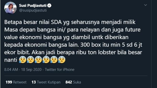 Tangkapan layar kicauan Susi Pudjiastuiti. (Twitter/@susipudjiastuti).