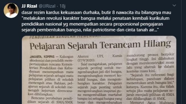 Tangkapan layar kicauan JJ Rizal menanggapi pelajaran sejarah. (Twitter/@JJRizal)