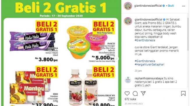 Ada promo Beli 2 Gratis 1 di Giant untuk aneka makanan ringan, bumbu dapur, bumbu serbaguna, cairan pencuci piring, hingga body wash mulai 17-30 September 2020. (Instagram/@Giant Indonesia)