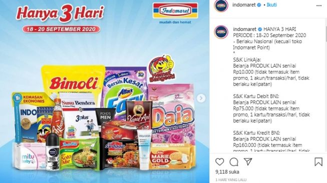 Mulai 18-20 September 2020, kamu bisa mendapatkan berbagai promo menarik untuk beragam produk makanan dan minuman di Indomaret dengan syarat dan ketentuan yang berlaku. (Instagram/@indomaret)