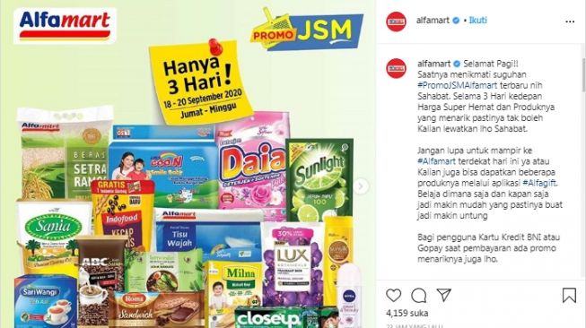 Alfamart ada promo diskon menarik mulai 18-20 September 3020. (Instagram/@Alfamart)