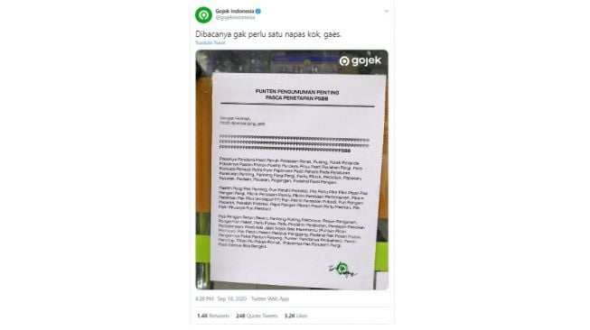 Pengumuman Gojek soal PSBB yang jadi sorotan. [Twitter]