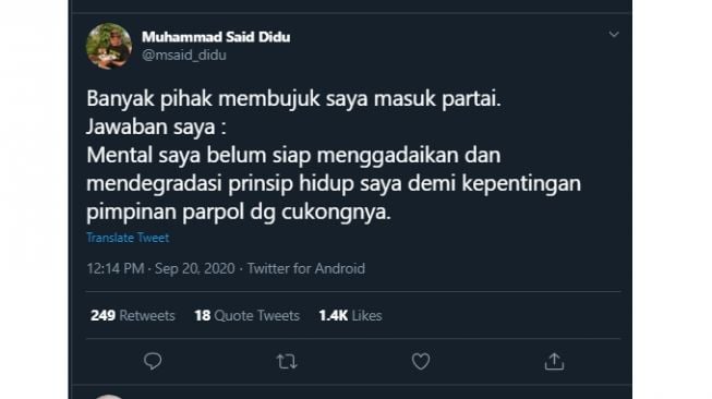 Cuitan Said Didu soal alasannya tidak masuk parpol. (Twitter/@msaid_didu)