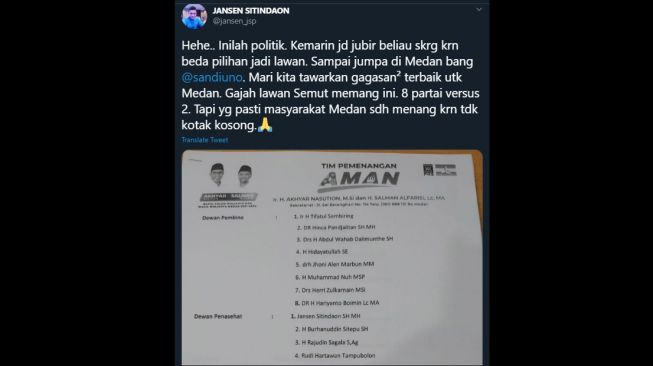 Cuitan Jansen Sitindaon soal Pilkada Medan 2020 (Twitter/@jansen_jsp)