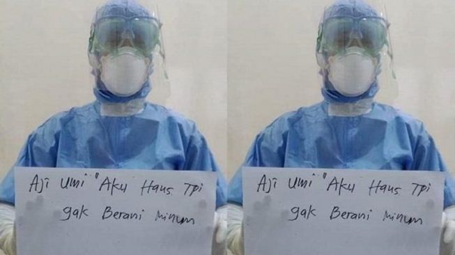 Viral Foto Perawat Pegang Kertas Tulisan ‘Aku Haus Tapi Gak Berani Minum’