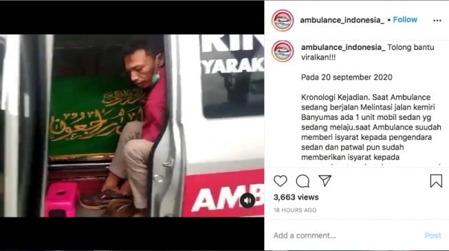 Tangkapan layar Ambulan Banyumas yang membawa jenazah (Instagram/@ambulance_indonesia)