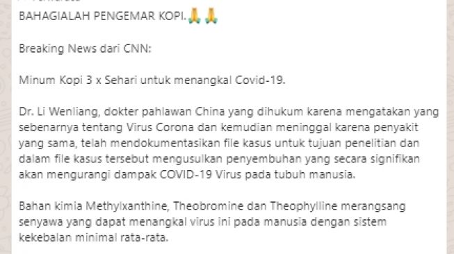 CEK FAKTA: Benarkah Minum Kopi Tiga Kali Sehari Bisa Cegah Covid-19?