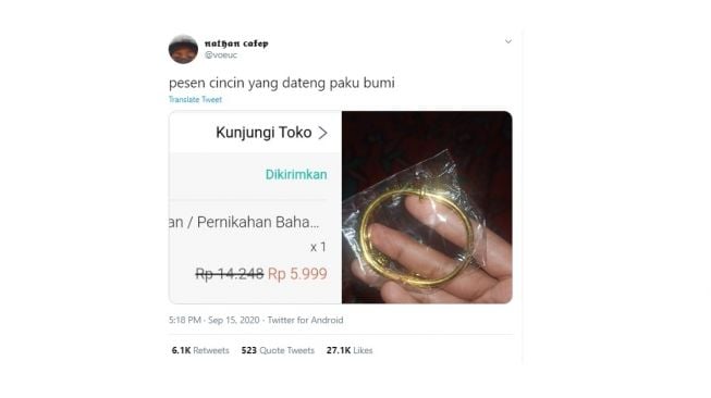 Postingan warganet membeli cincin yang datang ini. [Twitter]